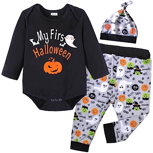 Image of Zusnxaxe My First Halloween Baby Boy Girl Costumes Outfit Newborn Infant Pumpkin Cosplay Halloween Boo Clothes Ghost Overalls, Classical Gift, 0-3 Months