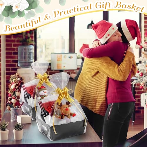 Image of Fuyoooo 8 Pack Black Basket for Gifts Empty to Fill, 10 inch x 8 inch Thick Sturdy Kraft Scalloped Edge Gift Basket with Handle, 8 Wrap Bag 8 Bow 16 Tissue Paper for Christmas Wedding Birthday Wrapping Gift