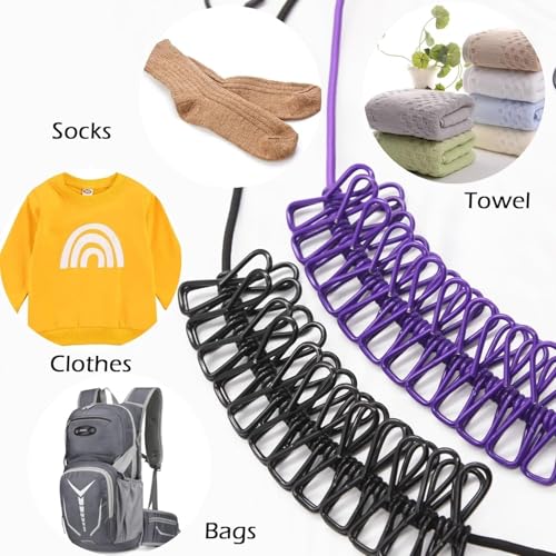 Image of Nibbler Cloth Drying Rope with Hooks - Elastic Hanging Rope for Travel, Home, and Outdoor Drying - Includes 12 Clips-Kapde Sukhane ki Rassi Wire - Multicolour (2)