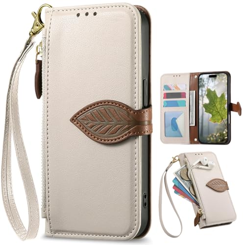 BAILI Étui pour Sony Xperia 10 V/10-5 avec Porte-Cartes, Abat magnétique à Motif de Feuilles et Fermeture à glissière, Sac à Main pour Sony Xperia 10...