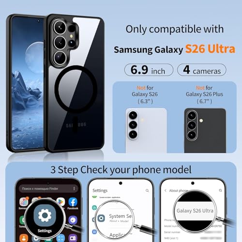 Image of DIZORO Compatible with Samsung S26 Ultra 5g Case,Compatible with MagSafe, Non Yellow Military-Grade Drop Protection & Hard PC Back Cover (Black)