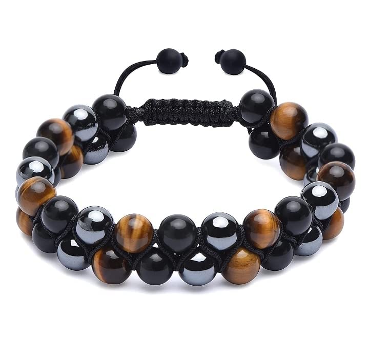 Triple Protection Bracelet, Authentic Tigers Eye Black Obsidian and Hematite 8mm Beads double layer Bracelet for Men Women Quit Smoking Cessation