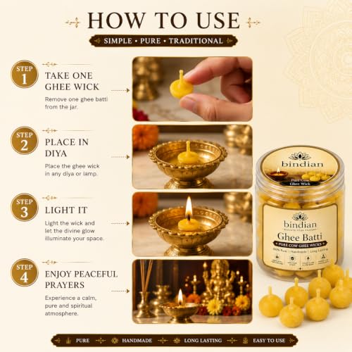 Image of Bindian Pure Cow Ghee Batti for Puja Pack of 100 | Ready to Use Handmade Cotton Ghee Wicks | Long Burning Diya Batti for Daily Puja, Aarti, Mandir, Temple, Diwali & Festivals | 100% Pure Cow Ghee, Smokeless & Non-Toxic, Steady Flame, Cotton Wick, For Puja & Aarti