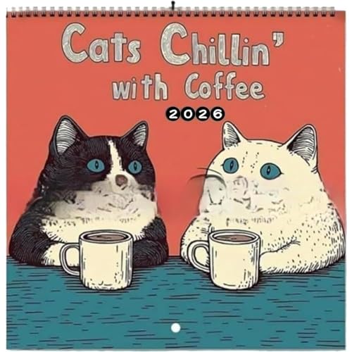 DAboru 2026年猫カレンダー かわいい猫 壁掛けカレンダー 面白い コーヒーでくつろぐ猫 面白い 2026 卓上 折りたたみ可能 書き込み 実用性 計画 To Do リスト オーガナイザー オフィス ビジネス 学校 家庭用 (A)
