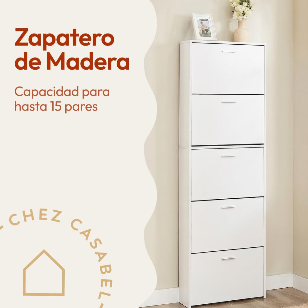 CASABEL Zapatero 15 Pares, Espacioso, Puertas y Marco Blanco | Organizador de zapatos, 5 abatibles, compartimentos abatibles, estrecho, ahorro de espacio, diseño moderno, montaje fácil