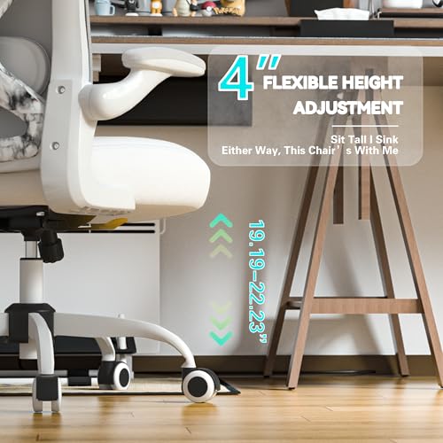 Image of Ergonomic Office Chair for Long Hours and Back Pain Relief, Space-Saving Design with Adjustable Lumbar Support, Flip-Up Arms, 3D Headrest, Tilt & Rock, 330 LBS (White+Marble)