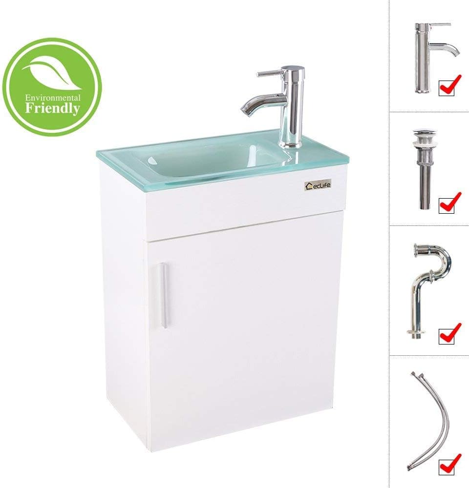 Up To 40% OFF U-Eway Wall Mounted Bathroom Vanity and Sink Combo 18.4x 10.5,Modern Small Bathroom Vanity Set 27x 18.4, with Top Clear Glass Bowl, with Faucet Chrome P-Trap Pop Up Drain,Without Mirror (White)