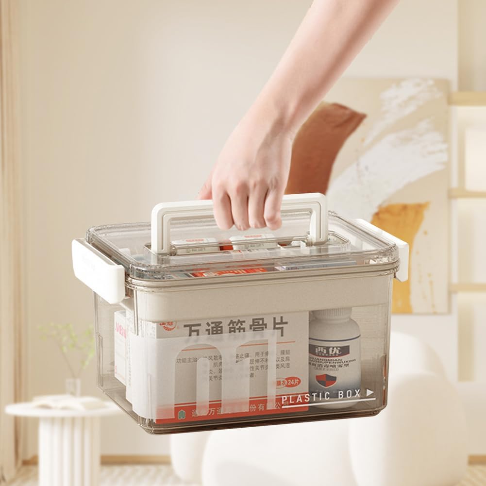 Medicine Storage Box with Handles, Clear Plastic Medicine Storage Organizer & First Aid Box, Multipurpose Medical Supply Organizer with Removable Tray for Home, Office & Travel(Clear)