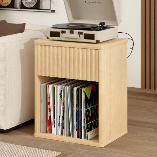 Image of Fluted Nightstands Set of 2 w /Charging Station, Wooden End Table Bed Side Table with Curved Drawer, Mid Century Modern Fluted Night Stand with Rounded Edge for Bedroom, Living Room Sofa, Nature Oak