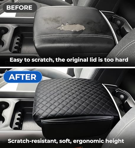 Image of Center Console Cover for Dodge Ram 1500 /2500 /3500 2019-2026 5th Gen, Fits Bucket Seat Only, Interior Accessories 1.2-Inch Thick PU Leather Armrest Cushion Protector with 2 Side Pockets, Black