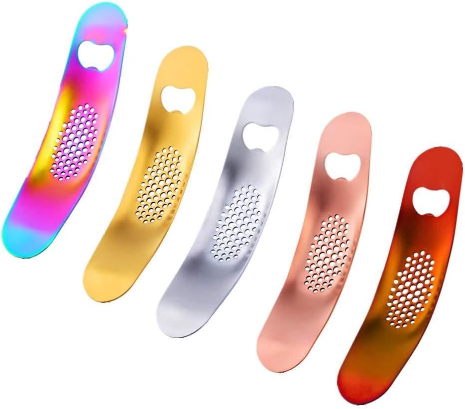 QIBORUN 2 IN 1 Garlic Press Rocker Stainless Steel & Beer Bottle Open Garlic Rocker Crusher Garlic Chopper Mincer Press, Kitchen Garlic Masher with Bottle Opener- 5 Color