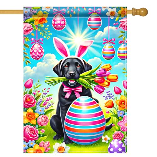 HOMETITUTE Happy Easter Puppy Tulips House Garden Flag 28x40