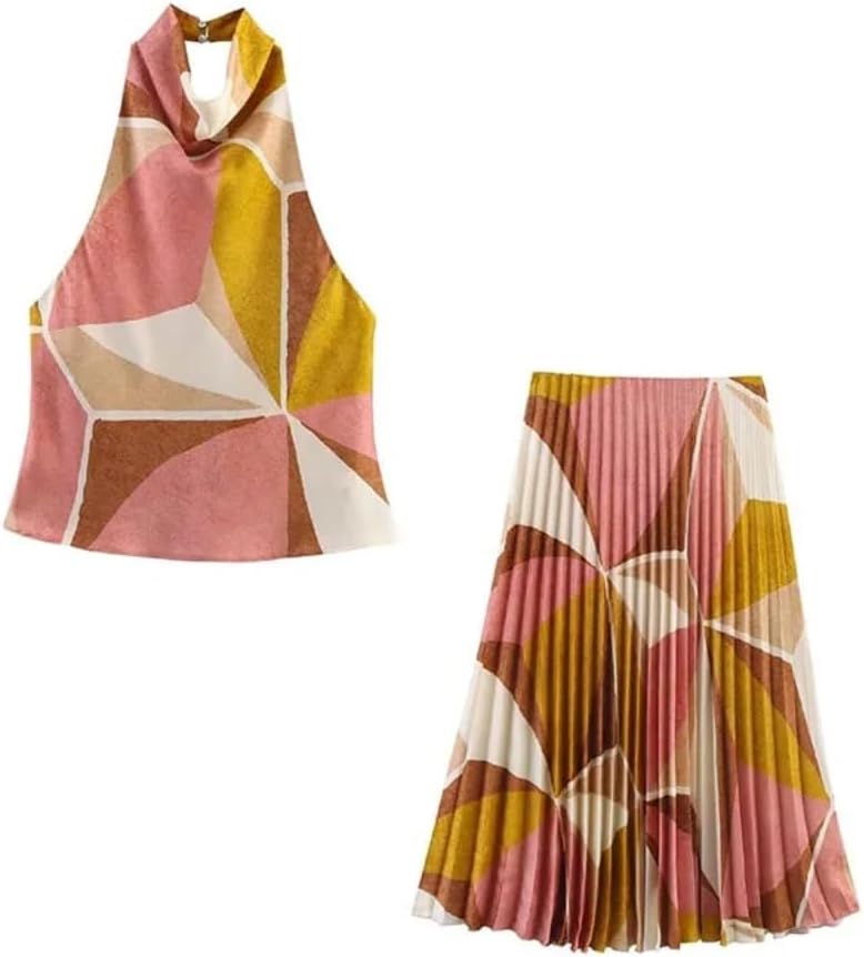Women's 2 Piece Geometric Print Matching Set, Halter Neck Crop Top + High Waist Pleated Midi Skirt for Summer
