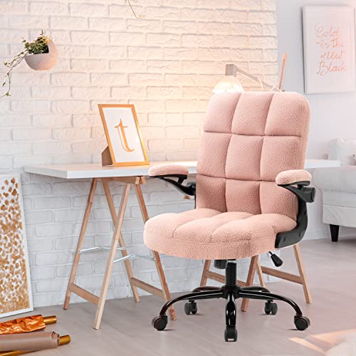 Seatzone Pink Home Office Desk Chairs With Flip-Up Armrest, Faux Fur, Fuzzy Computer Rolling Chair With Wheels, Adjustable Backward Tilt #TOP6