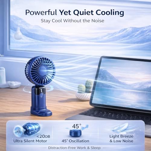 Image of One94Store Rechargeable Handheld Fan with 1800mAh Battery, 4-5 Hours Battery Backup, 6 Speed Touch Control, Portable Mini Fan with Mobile Stand for Travel, Office, Home & Outdoor Use (Blue)