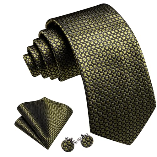 Image of Barry.Wang Plaid Ties Check Mens Necktie Set with Handkerchief Cufflinks Classic Stripe