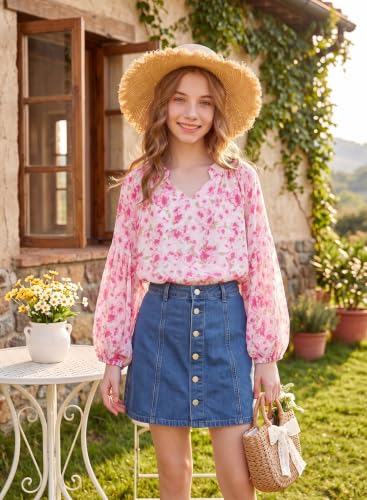 Image of blibean Girls Flower Bell Long Sleeve Blouse Fall Floral Shirts 4-15 Years