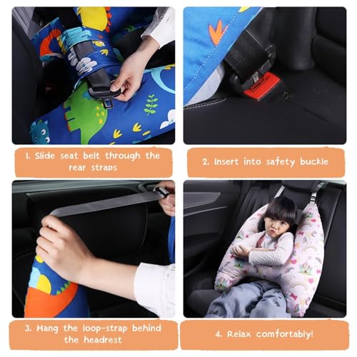Image of Kids Travel Pillow, Ages 6+ for Cozy Sleeping, Head & Neck Support (Pink) | Road Trip & Seatbelt Comfort, Travel Essentials for Long Rides, Family Friendly Baby Shower Gifts, Simple Install Easy-Buckle