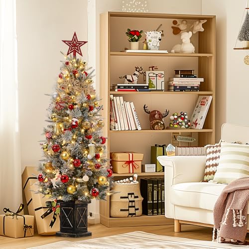 GAOMON 4.5ft Christmas Tree 2 Set with 200 Warm White LED Lights, Pre-Lit Snow Flocked Christmas Tree with X Shape Potted Base, Artificial Xmas Tree with Red Berries, Decoration for Home, Entrances