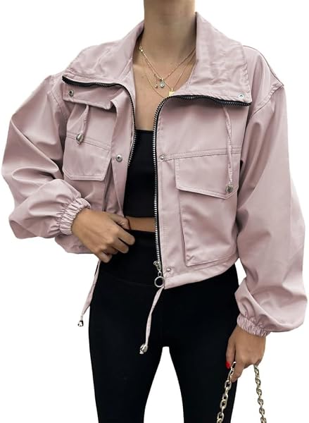 Womens Cropped Jacket Zip 2026 Trendy Zip Up Lightweight Utility Anorak Coat Long Sleeve Short Jacket with Pockets - 4