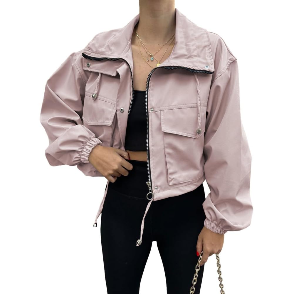 Womens Cropped Jacket Zip 2026 Trendy Zip Up Lightweight Utility Anorak Coat Long Sleeve Short Jacket with Pockets — view 4