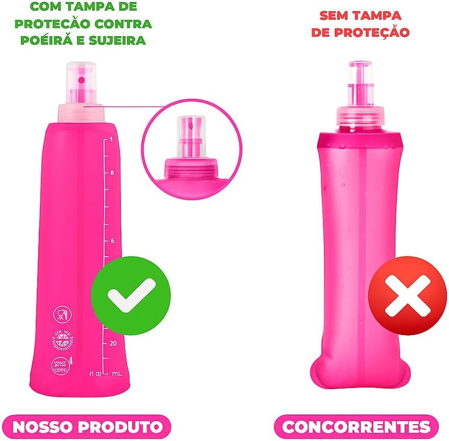Garrafa Dobrável Soft Flash 250ml Squeeze Bico Anti Vazamento Corrida Bike Ciclismo Hidratação Reutilizável Livre de Bpa Tampa de Proteção Contra Sujeiras Todos Os Esportes (Azul) (Rosa)