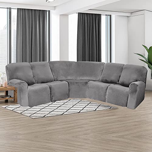 Ele Eleoption Sectional Recliner Cover Velvet Stretch Recliner Sofa Covers 5 Seat Corner Reclining 7-Piece L Shaped Couch Cover Slipcovers Furniture Protector Soft Washable Grey #TOP1