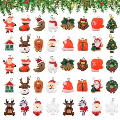 40pcs Small Resin Miniature Christmas Tree Ornaments Christmas Hanging Ornaments Set Santa Claus Snowman Angels Mini Christmas Tree Tiny Hanging Decorations for Christmas Decoration Party Supplies