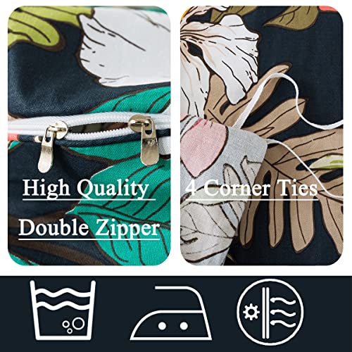 Fadfay Floral Bedding Set 100% Cotton Dark Flower Duvet Covers Queen Size Soft Black & Red Botanical Palm Tree Leaf Comforter Cover Tropical Hawaii Home Girls Bed Sets Zipper Corner Ties 3 Pieces #TOP3