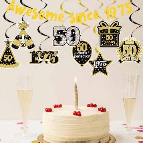 Image of 50th Birthday Decorations for Men Women,Pre-Strung Glitter Gold Vintage Happy 50th Birthday Party Banner,Awesome Since 1975 Hanging Swirls,for 50 Years Old,Anniversary Supplies Ideas