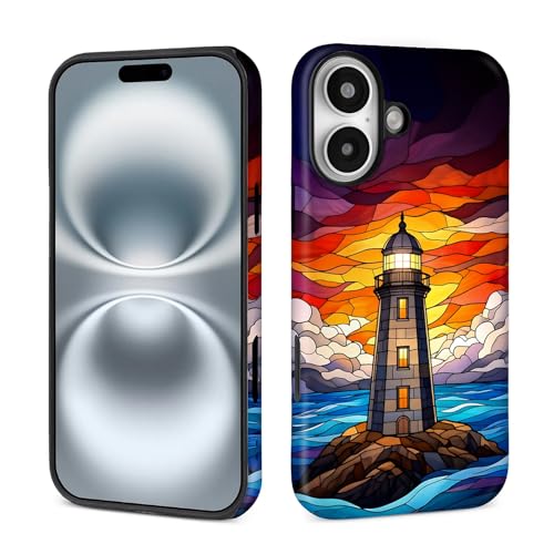 yicomon Compatible with iPhone 16 Plus Case, Stained Glass Lighthouse Pattern Print Matte Phone Case Durable Fashion Funny Liquid Silicone Case Soft Anti-Scratch Shockproof Protective Cover