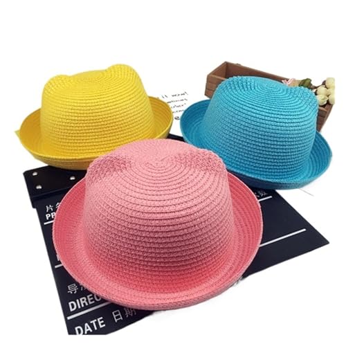 Boys Cap Girls Sun Hat Summer Children Panama Sun Hat Children Ear Decoration Sun Hat Solid Kid Floppy Panama Hat(Color2)3
