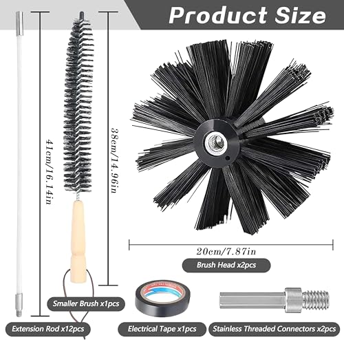 Kaminbürste Stange Set, Kaminbesen Kanalentlüftungs Reinigungsset, Schornstein Reinigungsbürsten Kit für Kamin/Abwasserrohr/Trockner Vent(12 Flexible Stangen 41cm+ 2 Bürstenköpfen 20cm+ Zubehör)