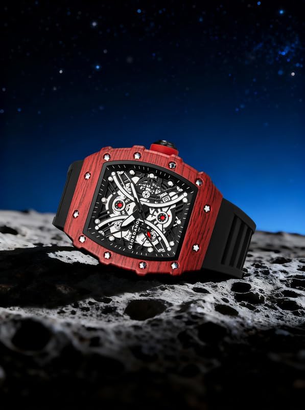 Image of Giordano Analog Square Watch for Men with Skeleton Design, Rugged Textured Case, Luminous Hands, and Silicone Strap