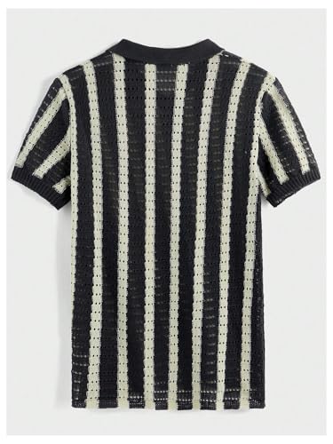 Men's Striped Crochet Summer Sweaters Vinatge Button Down Short Sleeve Cardigan Knit Tops2