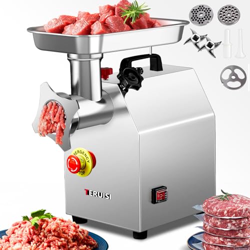 TERUISI Commercial Meat Grinder Heavy Duty, 1100W Electric Stainless Steel Meat Grinding Machine with 6/8mm Grinding Plates & Stuffing Tubes, Sausage Maker Meat Mincer 110V 350LBS/H