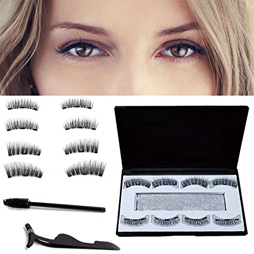 Preisvergleich Produktbild Magnetische Wimpern 3D Künstliche Wimpern Set, Wiederverwendbare Dual Magnetic False Eyelashes mit Hilfspinzette + Wimpernbürste + Aufbewahrungskiste, Falsche Wimpern Natürlich Look, 2 Paar 8 Stück