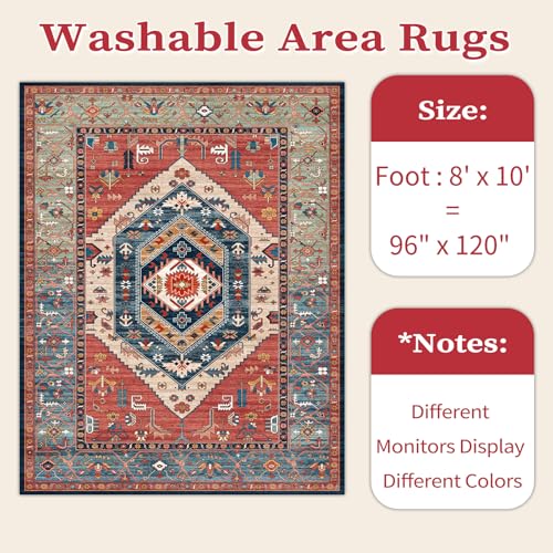 SERISSA Washable Rugs 8x10 Area Rugs, Large Non-Slip Boho Living Room Rust Rug, Ultra Soft Vintage Print Distressed Oriental Tribal Farmhouse Carpet for Dining Room Bedroom Dorm Office Home Decor