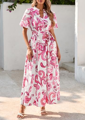 Image of KIRUNDO Women Spring Summer Wedding Guest Boho Floral Maxi Dress Puff Sleeve Button Shirt V Neck Flowy Beach Vacation Dress