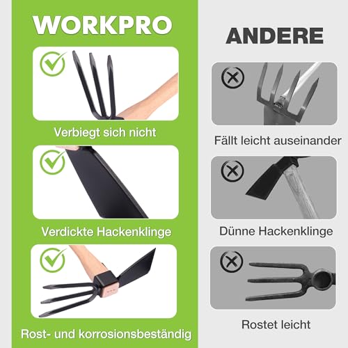 WORKPRO 2-in-1 Gartenhacke mit Stiel, Kleine Unkrauthacke, Multifunktionale Doppelhacke, Kombihacke mit Holzgriff, Handhacke mit 3 Zinken, Robuste Hacke für Garten, Boden lockern, Jäten und Pflanzen