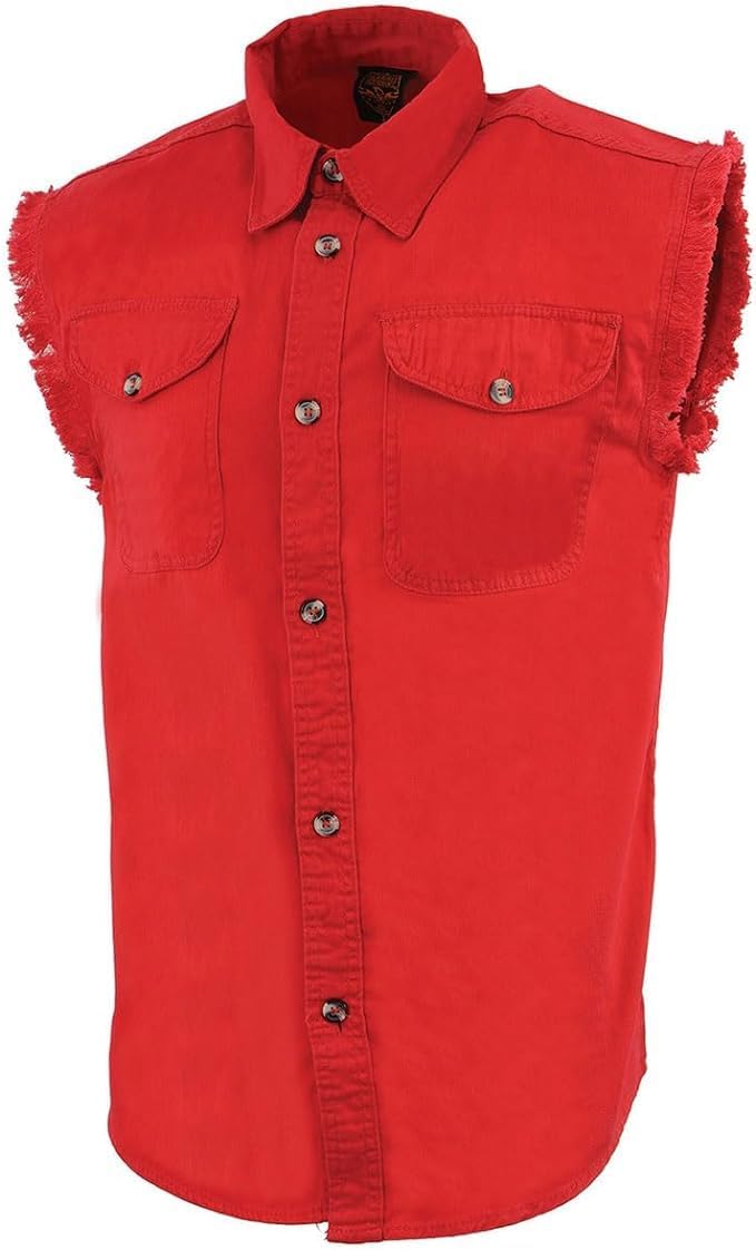 Mens Classic Light Weight Cotton Cut Off Button Down Sleeveless Shirt with Frayed Sleeves Many Colors