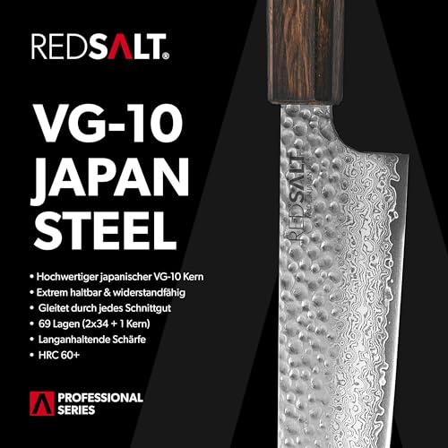 REDSALT® Professional Series GYUTO 牛刀 21cm Damaststahl 69 Lagen Chefmesser handgefertigt in Japan | Profi Kochmesser & Ledertasche | Damast Hammerschlag Klinge | Damastmesser Küchenmesser