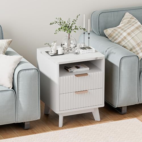 Image of Fluted Nightstand with 2 Drawers, 18 inch Modern Night Stand with Faux Marble Top, Open Storage Shelf, Curved Edge Bedside Table for Bedroom, End Side Table (2, White)
