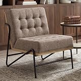 chairus Butaca de Salón Nórdica de Lino Sillón Acolchado con Base de Madera Maciza,Marrón