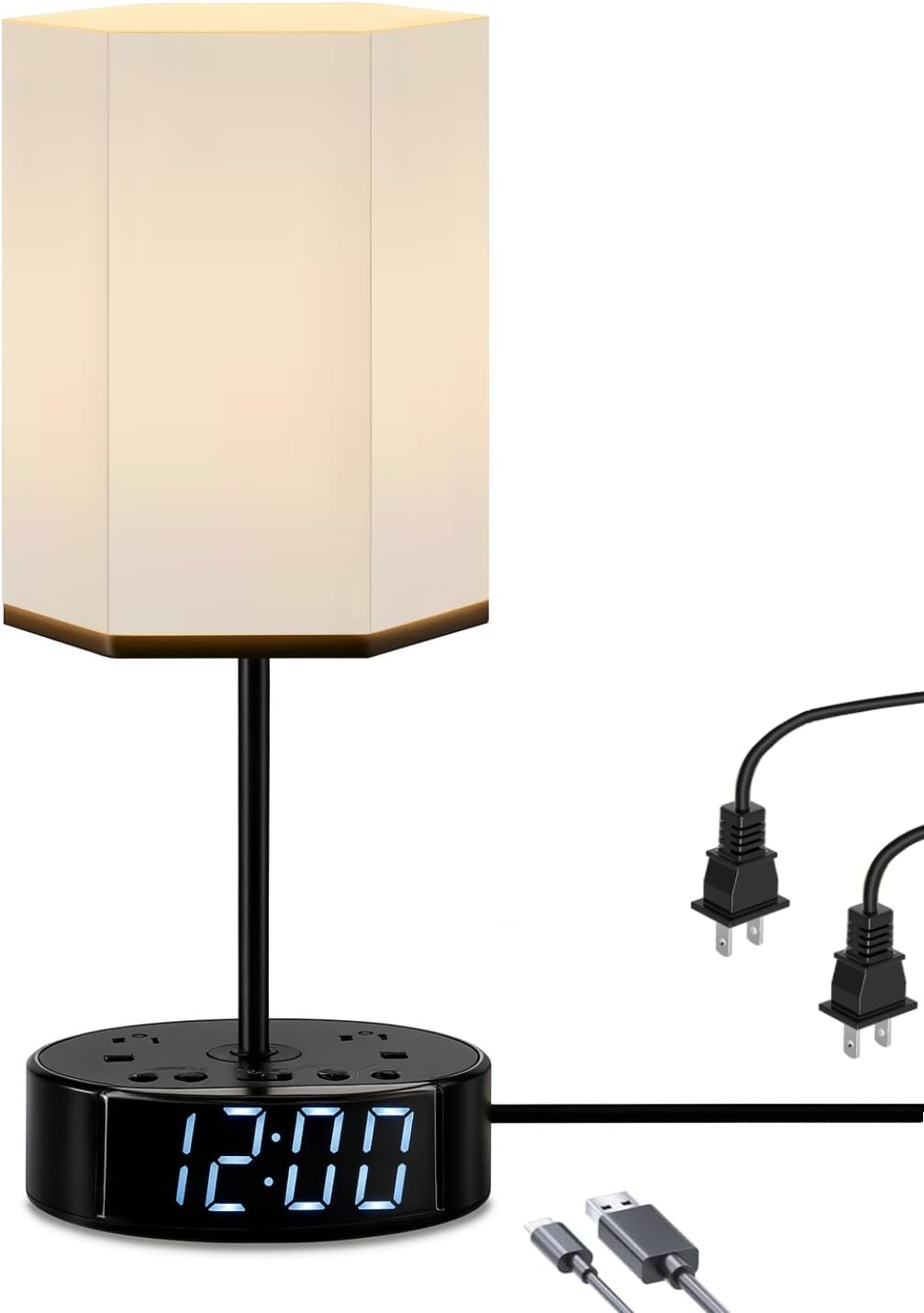 Digital Alarm Clock with AC Outlets and USB, Large Dimmable LED Display, Loud Bedside Clock for Heavy Sleepers, Modern Power Strip Charging Station for Bedroom, Kids & Guest Room (Hexagonal)