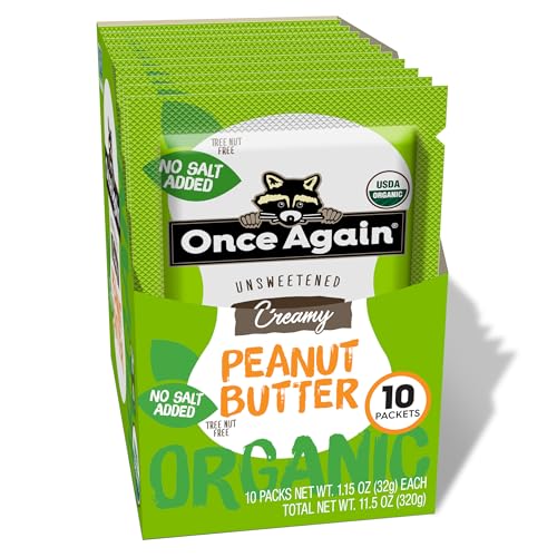 Once Again Organic Peanut Butter Packets - Individual Peanut Butter Packets for Snacks, Travel, Lunches - Single Serve Squeeze Packs - Vegan, Non-GMO, Gluten Free - 1.15 Ounce Packs, 10 Count