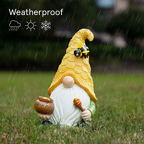 La Jolie Muse Garden Gnomes Statue -11.3'' Resin Summer Bee Gnome Figurine Holding Honey Jar With Solar Led Lights, Outdoor Decoration For Patio Yard Lawn Porch, Ornament #TOP2