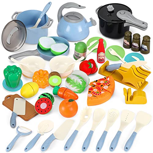 WHOHOLL Kids Kitchen Playset, 52Pcs Kids Kitchen Accessories Set, Plastic Toddlers Cooking Toys, Kids Pots and Pans Playset, Pretend Play Dishes for Kids Kitchen, Play Food Sets for Boys and Girls