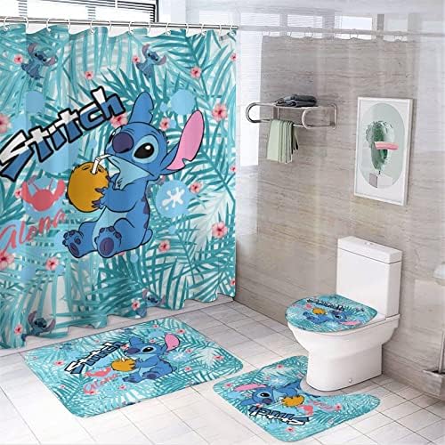 Sykinhmu 4PCS Cartoon Shower Curtain Set with Non-Slip Rugs, Toilet Lid Cover and Bath Mat, Animal Shower Curtain with 12 Hooks, Durable Waterproof Bathroom Decor Set 72 x 72inch