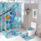Sykinhmu 4PCS Cartoon Shower Curtain Set with Non-Slip Rugs, Toilet Lid Cover and Bath Mat, Animal S
